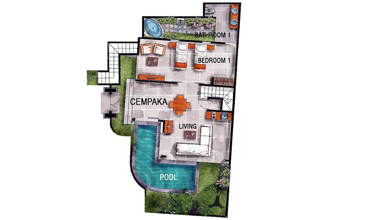 Blue Karma Oasis Seminyak - Deluxe Suite with Pool - Floorplan Cempaka Blue Karma Oasis Seminyak - Deluxe Suite with Pool - Floorplan Cempaka