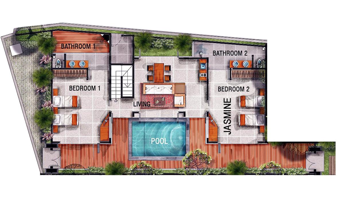 Blue Karma Oasis Seminyak - Deluxe Two Bedroom Suite with Pool - Floorplan Jasmine Blue Karma Oasis Seminyak - Deluxe Two Bedroom Suite with Pool - Floorplan Jasmine