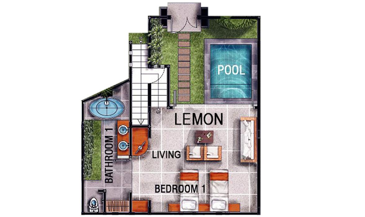Blue Karma Oasis Seminyak - Superior Room with Pool - Floorplan Lemon Blue Karma Oasis Seminyak - Superior Room with Pool - Floorplan Lemon